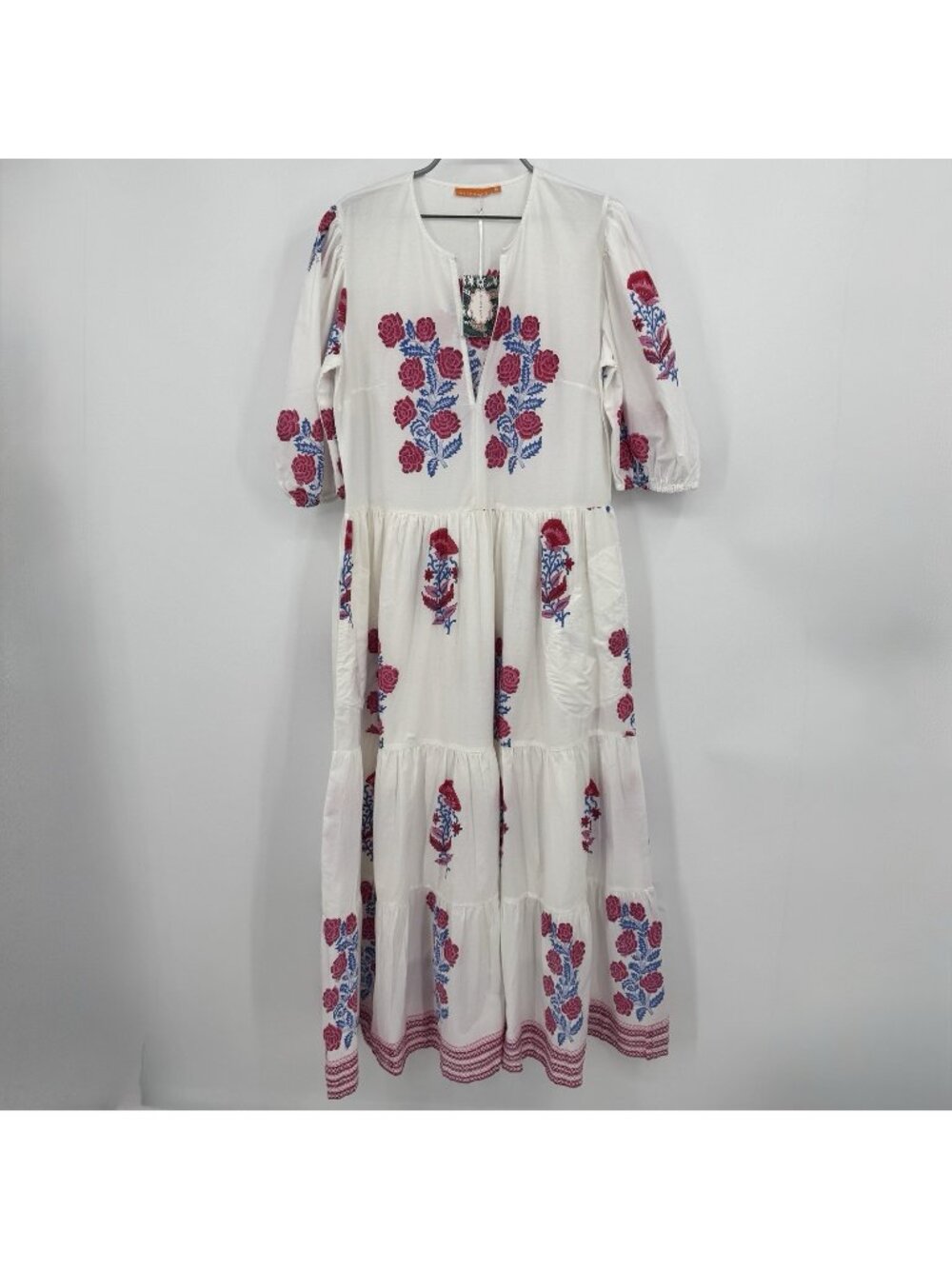 Oliphant Pink Cotton Grandiflora Puff Sleeve V-Neck Maxi Dress size M Medium